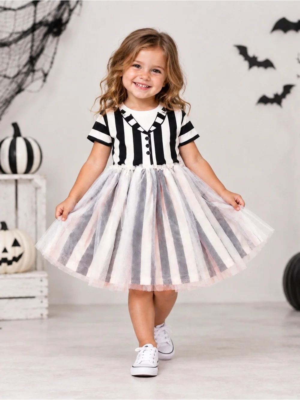 New Beetlejuice Girls 3T Black White Striped Tutu Halloween Costume Dress